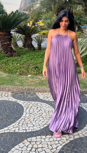 Vestido Longo Plissado Roxo